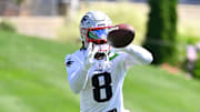 Jul 23, 2025; Foxborough, MA, USA; New England Patriots wide receiver Stefon Diggs (8) makes a catch during training camp at Gillette Stadium. Mandatory Credit: Eric Canha-Imagn Images