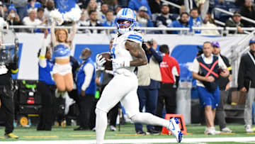 Dec 4, 2025; Detroit, Michigan, USA; Detroit Lions running back Jahmyr Gibbs (0) scores a touchdown during the second half against the Dallas Cowboys at Ford Field. Mandatory Credit: Lon Horwedel-Imagn Images