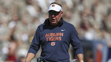 Sep 27, 2025; College Station, Texas, USA; Auburn Tigers head coach Hugh Freeze reacts after a play during the first half against the Texas A&M Aggies at Kyle Field. Mandatory Credit: Troy Taormina-Imagn Images