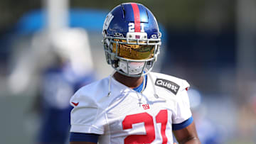 Jul 23, 2025; East Rutherford, NJ, USA; New York Giants cornerback Paulson Adebo (21) on the field during training camp at Quest Diagnostics Training Center. Mandatory Credit: Vincent Carchietta-Imagn Images