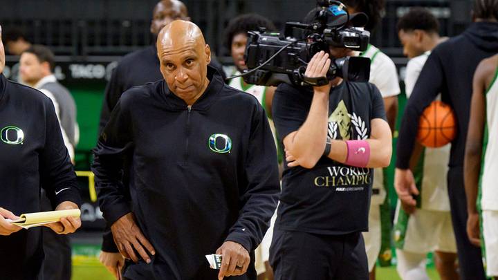 Oregon interim head coach Tony Stubblefield walks off after the Ducks' loss as the Oregon Ducks host the Seattle University Redhawks on Oct. 15, 2026, at Matthew Knight Arena in Eugene, Oregon.