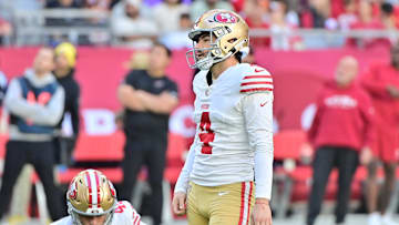 Jan 5, 2025; Glendale, Arizona, USA; San Francisco 49ers place kicker Jake Moody (4) reacts after missing a field goal in the first half against the Arizona Cardinals at State Farm Stadium. Mandatory Credit: Matt Kartozian-Imagn Images