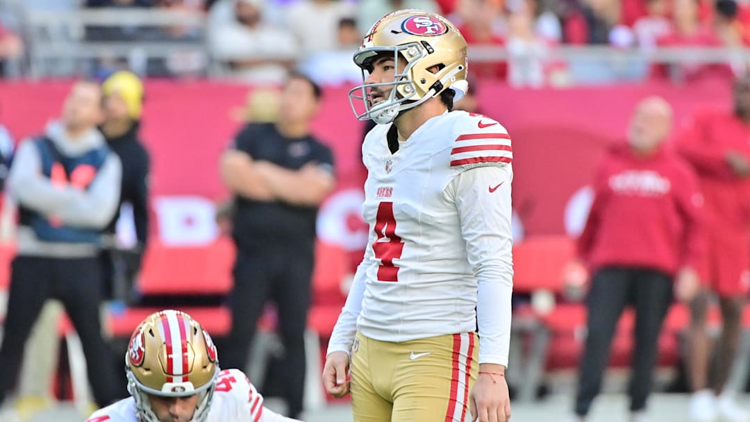 Jan 5, 2025; Glendale, Arizona, USA; San Francisco 49ers place kicker Jake Moody (4) reacts after missing a field goal in the first half against the Arizona Cardinals at State Farm Stadium.