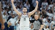 Mar 5, 2025; Storrs, Connecticut, USA; UConn Huskies forward Alex Karaban (11) reacts after his three point basket against the Marquette Golden Eagles in the second half at Harry A. Gampel Pavilion. Mandatory Credit: David Butler II-Imagn Images