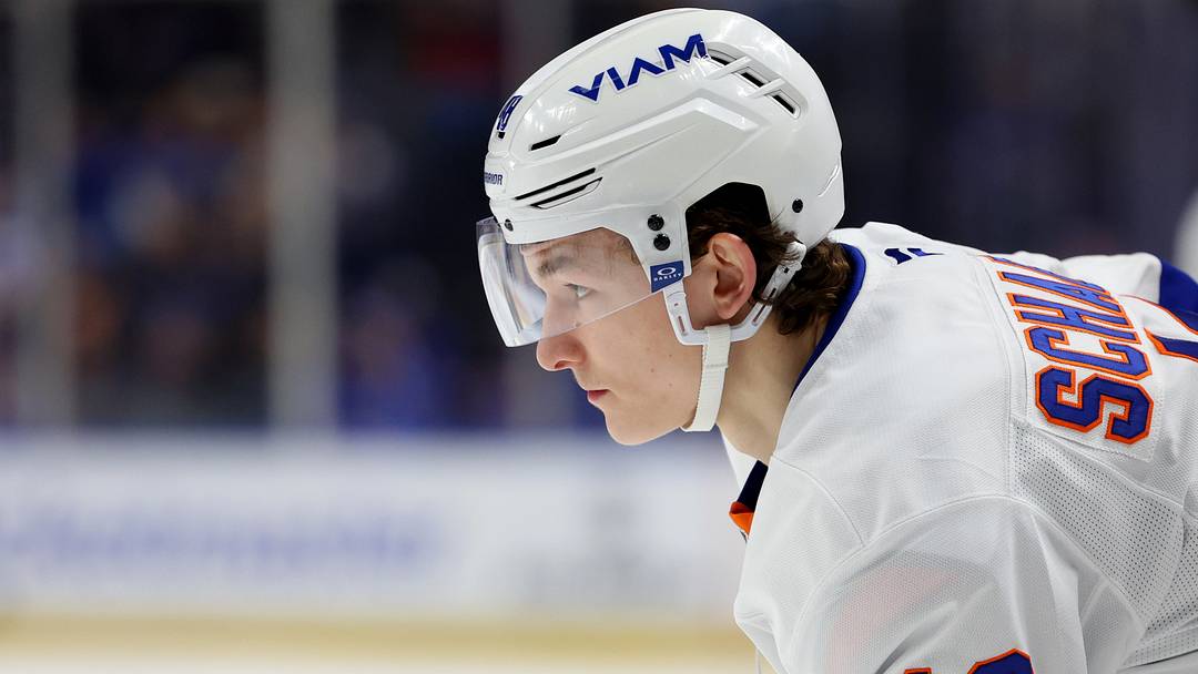 Mar 31, 2026; Buffalo, New York, USA;  New York Islanders defenseman Matthew Schaefer (48) waits for the face-off during the first period against the Buffalo Sabres at KeyBank Center. Mandatory Credit: Timothy T. Ludwig-Imagn Images