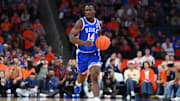 Feb 5, 2025; Syracuse, New York, USA; Duke Blue Devils guard Sion James (14) dribbles up the court against the Syracuse Orange during the first half at the JMA Wireless Dome.