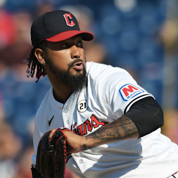 Cleveland Guardians relief pitcher Emmanuel Clase (48) throws a pitch during the ninth inning against the Tampa Bay Rays at Progressive Field on Sept 15.