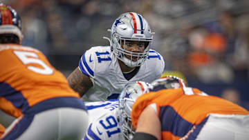 Nov 7, 2021; Arlington, Texas, USA; Dallas Cowboys linebacker Micah Parsons (11) in action during the game between the Dallas Cowboys and the Denver Broncos at AT&T Stadium. Mandatory Credit: Jerome Miron-Imagn Images