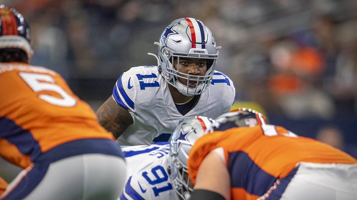 Nov 7, 2021; Arlington, Texas, USA; Dallas Cowboys linebacker Micah Parsons (11) in action during the game between the Dallas Cowboys and the Denver Broncos at AT&T Stadium. Mandatory Credit: Jerome Miron-Imagn Images
