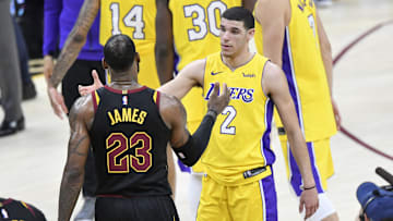 Dec 14, 2017; Cleveland, OH, USA; Cleveland Cavaliers forward LeBron James (23) and Los Angeles Lakers guard Lonzo Ball (2) shake hands after a Cavs win at Quicken Loans Arena. Mandatory Credit: David Richard-Imagn Images