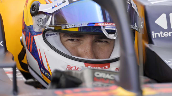 Jun 8, 2024; Montreal, Quebec, CAN; Red Bull Racing driver Sergio Perez (MEX) in the pit lane at Circuit Gilles Villeneuve. Mandatory Credit: Eric Bolte-USA TODAY Sports