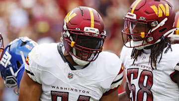 Sep 7, 2025; Landover, Maryland, USA; Washington Commanders linebacker Bobby Wagner (54) celebrates after a play during the second quarter against the New York Giants at Northwest Stadium. Mandatory Credit: Peter Casey-Imagn Images