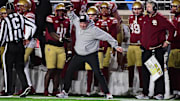 Nov 15, 2025; Chestnut Hill, Massachusetts, USA;  Boston College Eagles head coach Bill O'Brien throws his head set after a flag during the second half against Georgia Tech Yellow Jackets at Alumni Stadium. Mandatory Credit: Bob DeChiara-Imagn Images