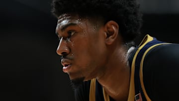Notre Dame Fighting Irish forward Kebba Njie (14) looks on against the Miami Hurricanes
