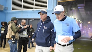 Nov 2, 2025; Nashville, Tennessee, USA; Tennessee Titans head interim coach Mike McCoy takes the field during warm ups prior to the game against the Los Angeles Chargers at Nissan Stadium. Mandatory Credit: Steve Roberts-Imagn Images