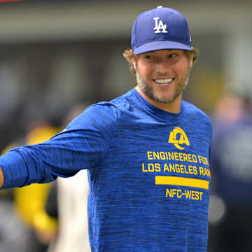 Aug 9, 2025; Inglewood, California, USA;  Los Angeles Rams quarterback Matthew Stafford (9) walks on the field prior to the game against the Dallas Cowboys at SoFi Stadium. Mandatory Credit: Jayne Kamin-Oncea-Imagn Images