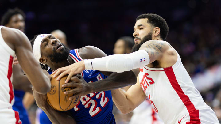 Jan 15, 2024; Philadelphia, Pennsylvania, USA; Philadelphia 76ers guard Patrick Beverley (22) wrestles for ball control against the Houston Rockets during the first quarter at Wells Fargo Center. Mandatory Credit: Bill Streicher-USA TODAY Sports