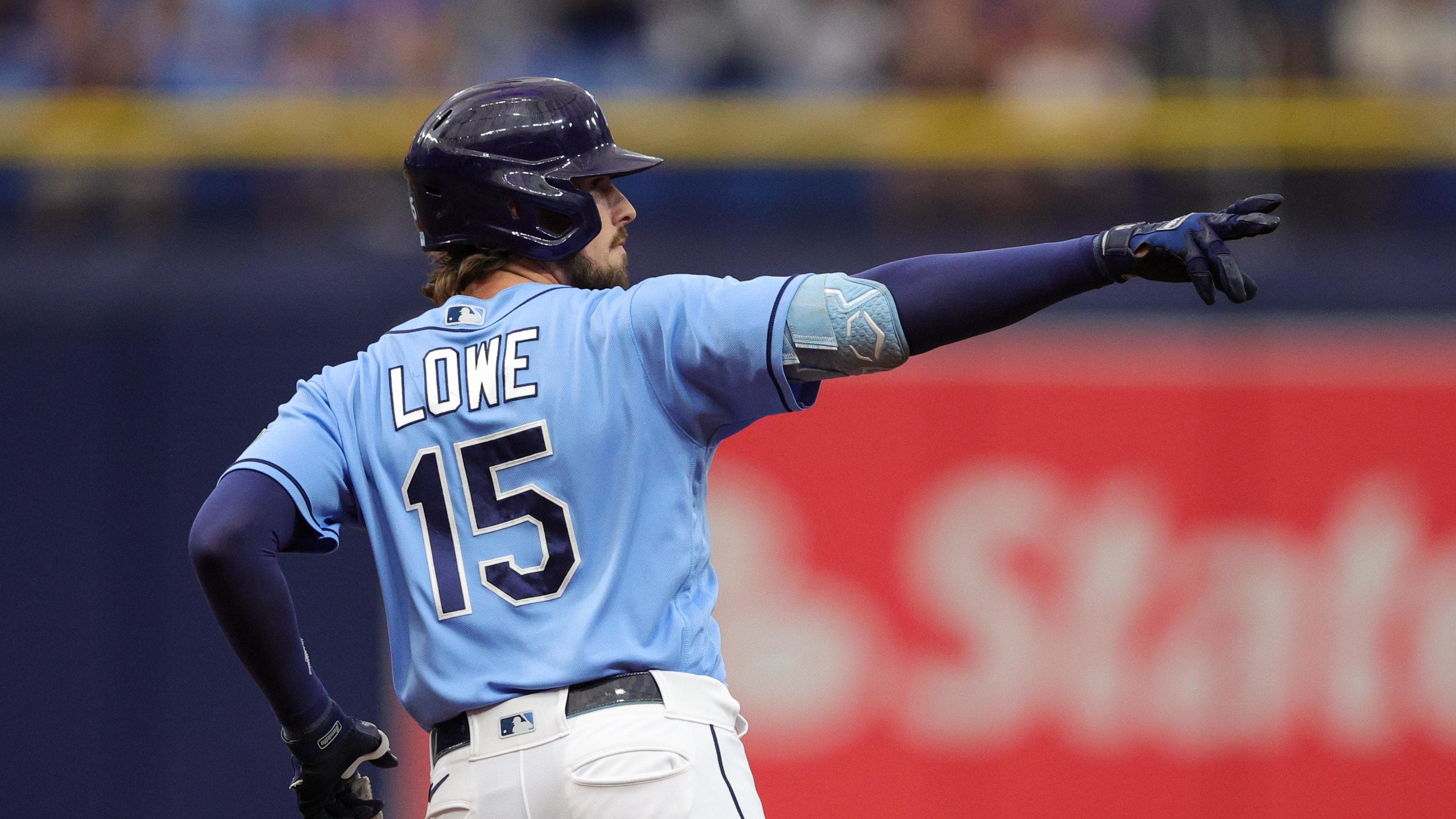 Sep 23, 2023; St. Petersburg, Florida, USA;  Tampa Bay Rays right fielder Josh Lowe (15) celebrates.