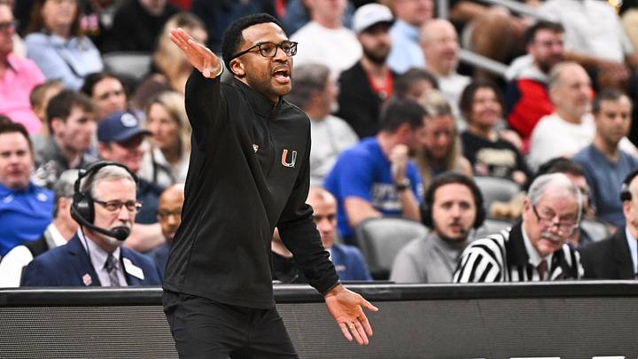 Mar 22, 2026; St. Louis, MO, USA; Miami Hurricanes head coach Jai Lucas calls a play during the first half against the Purdue Boilermakers during a second round game of the men's 2026 NCAA Tournament at Enterprise Center. Mandatory Credit: Jeff Le-Imagn Images