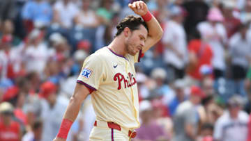 Jul 20, 2025; Philadelphia, Pennsylvania, USA; Philadelphia Phillies outfielder Max Kepler (17) reacts after striking out to end the sixth inning against the Los Angeles Angels at Citizens Bank Park.