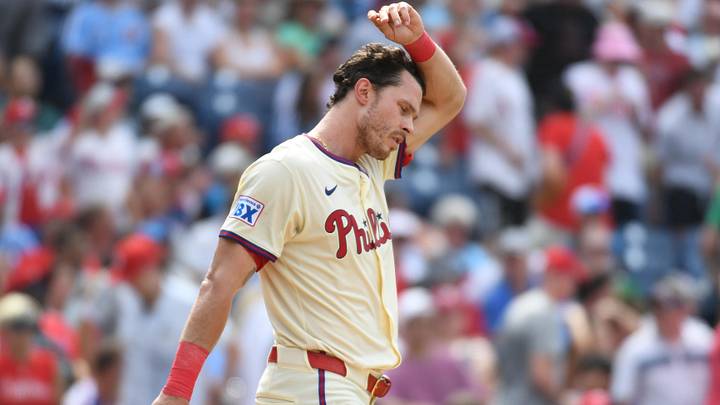 Jul 20, 2025; Philadelphia, Pennsylvania, USA; Philadelphia Phillies outfielder Max Kepler (17) reacts after striking out to end the sixth inning against the Los Angeles Angels at Citizens Bank Park.
