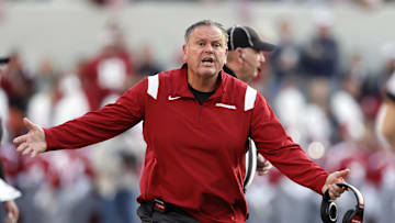 Nov 20, 2021; Tuscaloosa, Alabama, USA; Arkansas Razorbacks head coach Sam Pittman reacts to a call during the first half against the Alabama Crimson Tide at Bryant-Denny Stadium. Mandatory Credit: Butch Dill-Imagn Images