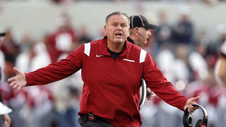 Nov 20, 2021; Tuscaloosa, Alabama, USA; Arkansas Razorbacks head coach Sam Pittman reacts to a call during the first half against the Alabama Crimson Tide at Bryant-Denny Stadium. Mandatory Credit: Butch Dill-Imagn Images