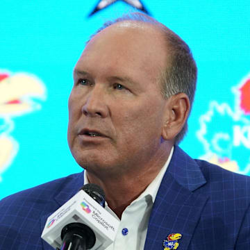 Jul 9, 2025; Frisco, TX, USA; Kansas head coach Lance Leipold speaks with the media during 2025 Big 12 Football Media Days at The Star. Mandatory Credit: Raymond Carlin III-Imagn Images