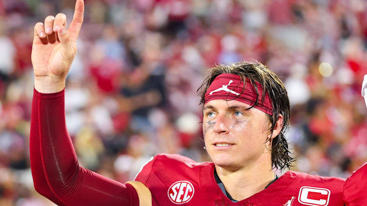 Aug 30, 2025; Norman, Oklahoma, USA;  Oklahoma Sooners quarterback John Mateer (10) reacts after the game against the Illinois State Redbirds. at Gaylord Family-Oklahoma Memorial Stadium. Mandatory Credit: Kevin Jairaj-Imagn Images