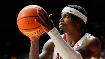 Nov 11, 2024; Tuscaloosa, AL, USA; Alabama guard Latrell Wrightsell Jr. (3) takes a three pointer from the corner at Coleman Coliseum. Alabama defeated McNeese 72-64. Mandatory Credit: Gary Cosby Jr.-Tuscaloosa News