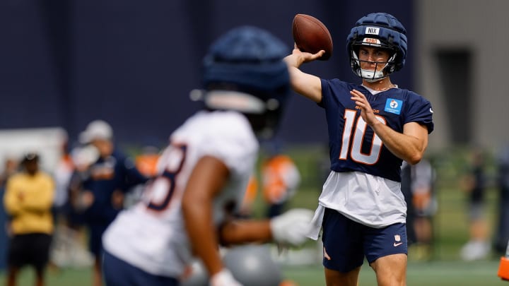 Jul 26, 2024; Englewood, CO, USA; Denver Broncos quarterback Bo Nix (10) during training camp at Broncos Park Powered by CommonSpirit. 