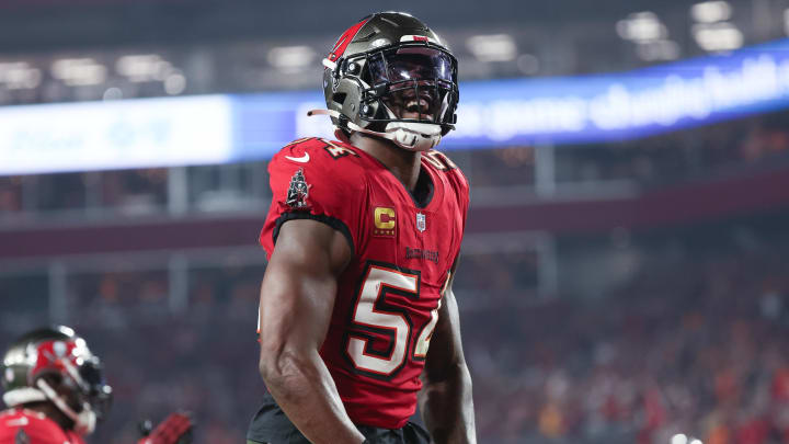 Jan 15, 2024; Tampa, Florida, USA; Tampa Bay Buccaneers linebacker Lavonte David (54) reacts after a safety against the Philadelphia Eagles during the second half of a 2024 NFC wild card game at Raymond James Stadium. Mandatory Credit: Kim Klement Neitzel-USA TODAY Sports