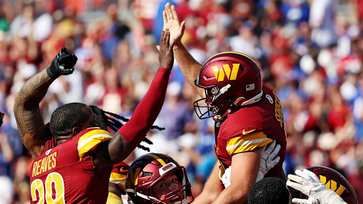 Sep 15, 2024; Landover, Maryland, USA; Washington Commanders place kicker Austin Seibert (3) celebrates with his teammates after making the game winning field goal against the New York Giants at Commanders Field. Mandatory Credit: Peter Casey-Imagn Images