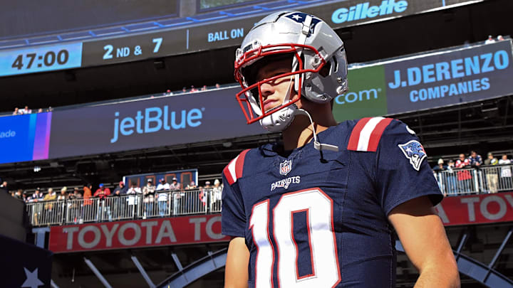 Oct 27, 2024; Foxborough, Massachusetts, USA; New England Patriots quarterback Drake Maye (10) walks onto the field before a game against the New York Jets at Gillette Stadium. Mandatory Credit: Brian Fluharty-Imagn Images