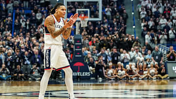 Feb 18, 2025; Hartford, Connecticut, USA; UConn Huskies guard Solo Ball (1) reacts after a play against the Villanova Wildcats in the second half at XL Center. Mandatory Credit: David Butler II-Imagn Images