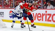 Apr 26, 2025; Sunrise, Florida, USA; Florida Panthers center Aleksander Barkov (16) controls the puck against the Tampa Bay Lightning in the first period during game three of the first round of the 2025 Stanley Cup Playoffs at Amerant Bank Arena. Mandatory Credit: Nathan Ray Seebeck-Imagn Images