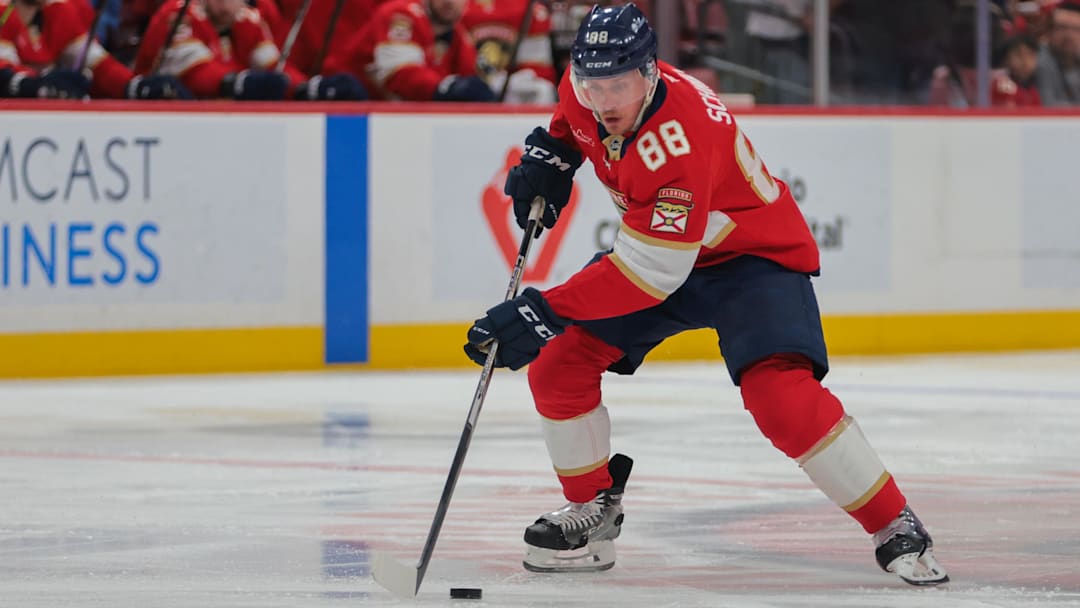 Apr 10, 2025; Sunrise, Florida, USA; Florida Panthers defenseman Nate Schmidt; Mandatory Credit: Sam Navarro-Imagn Images