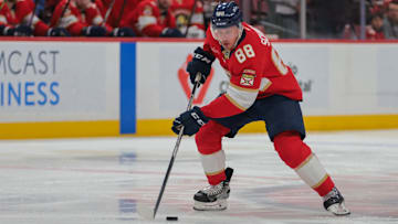 Apr 10, 2025; Sunrise, Florida, USA; Florida Panthers defenseman Nate Schmidt; Mandatory Credit: Sam Navarro-Imagn Images
