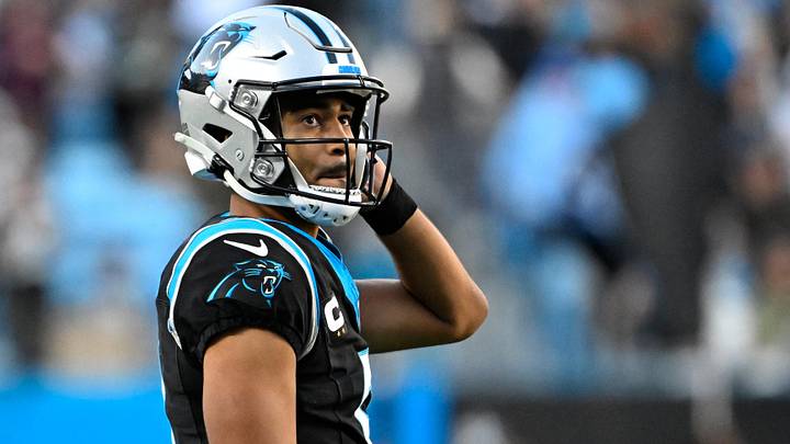 Nov 3, 2024; Charlotte, North Carolina, USA; Carolina Panthers quarterback Bryce Young (9) on the field in the fourth quarter at Bank of America Stadium. Mandatory Credit: Bob Donnan-Imagn Images