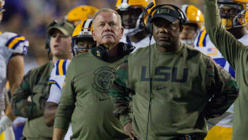 Nov 11, 2023; Baton Rouge, Louisiana, USA;  LSU Tigers head coach Brian Kelly looks on against the Florida Gators during the first half at Tiger Stadium. Mandatory Credit: Stephen Lew-USA TODAY Sports