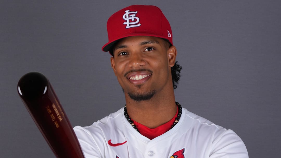 Feb 20, 2025; Jupiter, FL, USA;  St. Louis Cardinals infielder Jose Barrero (27) poses for a photo during media day at Clover Park. Mandatory Credit: Jim Rassol-Imagn Images