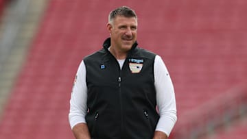 Nov 9, 2025; Tampa, Florida, USA; New England Patriots head coach Mike Vrabel walks the field prior to a game against the Tampa Bay Buccaneers at Raymond James Stadium. Mandatory Credit: Nathan Ray Seebeck-Imagn Images
