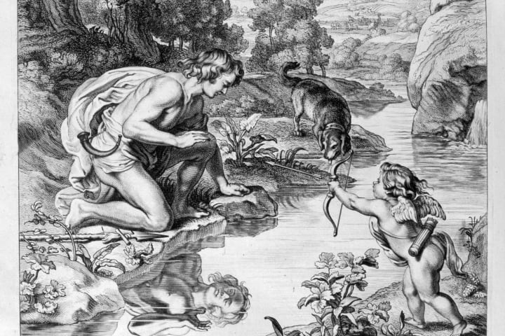 Narcissus in love with his own reflection, 1655. Artist: Michel de Marolles