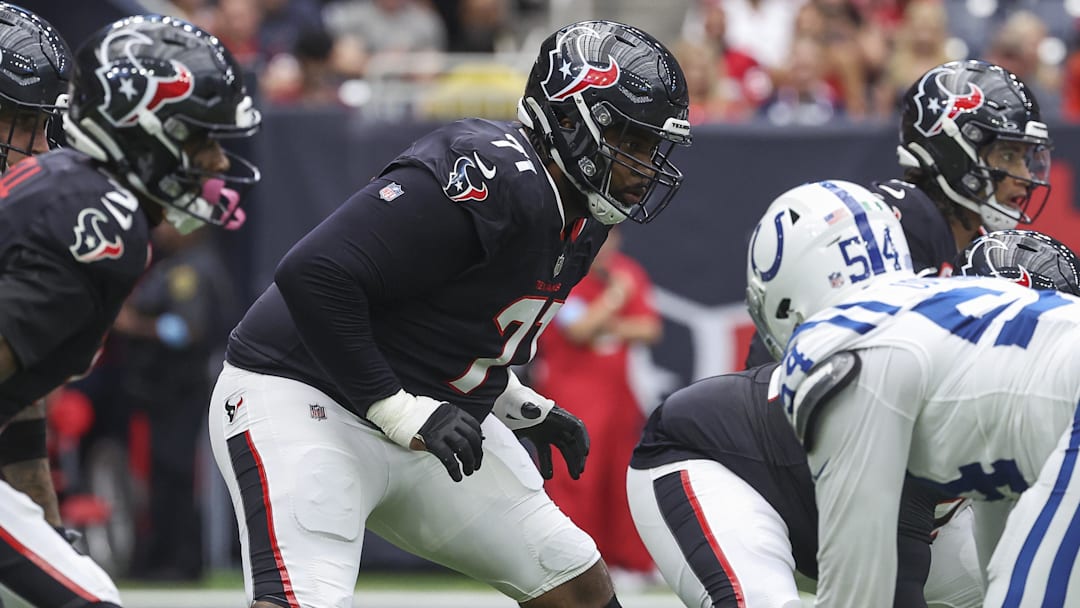 Oct 27, 2024; Houston, Texas, USA; Houston Texans offensive tackle Tytus Howard (71) in action during the game against the Indianapolis Colts at NRG Stadium. Mandatory Credit: Troy Taormina-Imagn Images