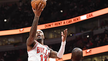Nov 17, 2024; Chicago, Illinois, USA;  Chicago Bulls forward Torrey Craig (13) drives to the basket against Houston Rockets forward Jeff Green (32)