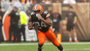 Sep 10, 2023; Cleveland, Ohio, USA; Cleveland Browns running back Nick Chubb (24) runs the ball against the Cincinnati Bengals during the third quarter at Cleveland Browns Stadium. Mandatory Credit: Scott Galvin-USA TODAY Sports