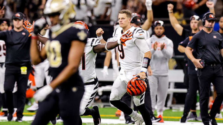 Oct 16, 2022; New Orleans, Louisiana, USA; Cincinnati Bengals quarterback Joe Burrow (9) pumps his fist to celebrate a win against the New Orleans Saints at Caesars Superdome. Mandatory Credit: Stephen Lew-USA TODAY Sports