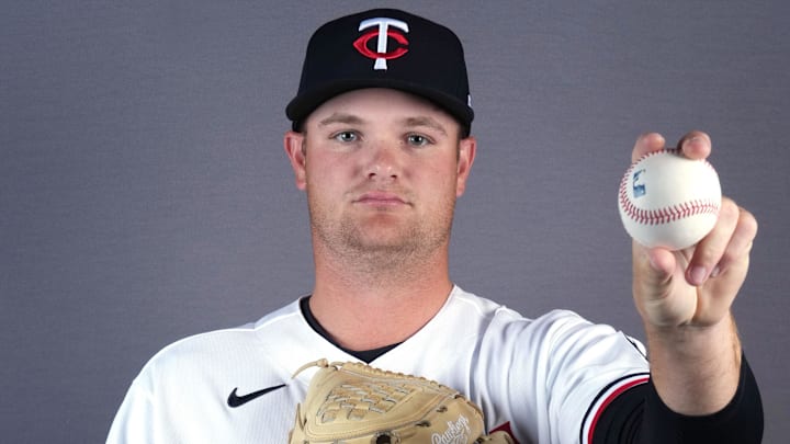 Feb 19, 2026; Lee County, FL, USA;  Minnesota Twins pitcher Connor Prielipp (61) poses during photo day at Hammond Stadium. Mandatory Credit: Jim Rassol-Imagn Images