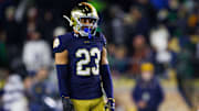 Notre Dame safety Kennedy Urlacher (23) lines up during a NCAA college football game against Florida State at Notre Dame Stadium on Saturday, Nov. 9, 2024, in South Bend.