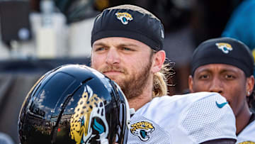 Jacksonville Jaguars safety Andrew Wingard (42) welsh out of the tunnel during Helmet Walk before an NFL scrimmage at EverBank Stadium Friday August 1, 2025, in Jacksonville, Fla. [Doug Engle/Florida Times-Union]